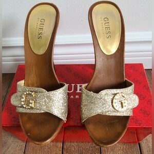 GUESS Gold Glitter Slide Mules with G Logo Accent